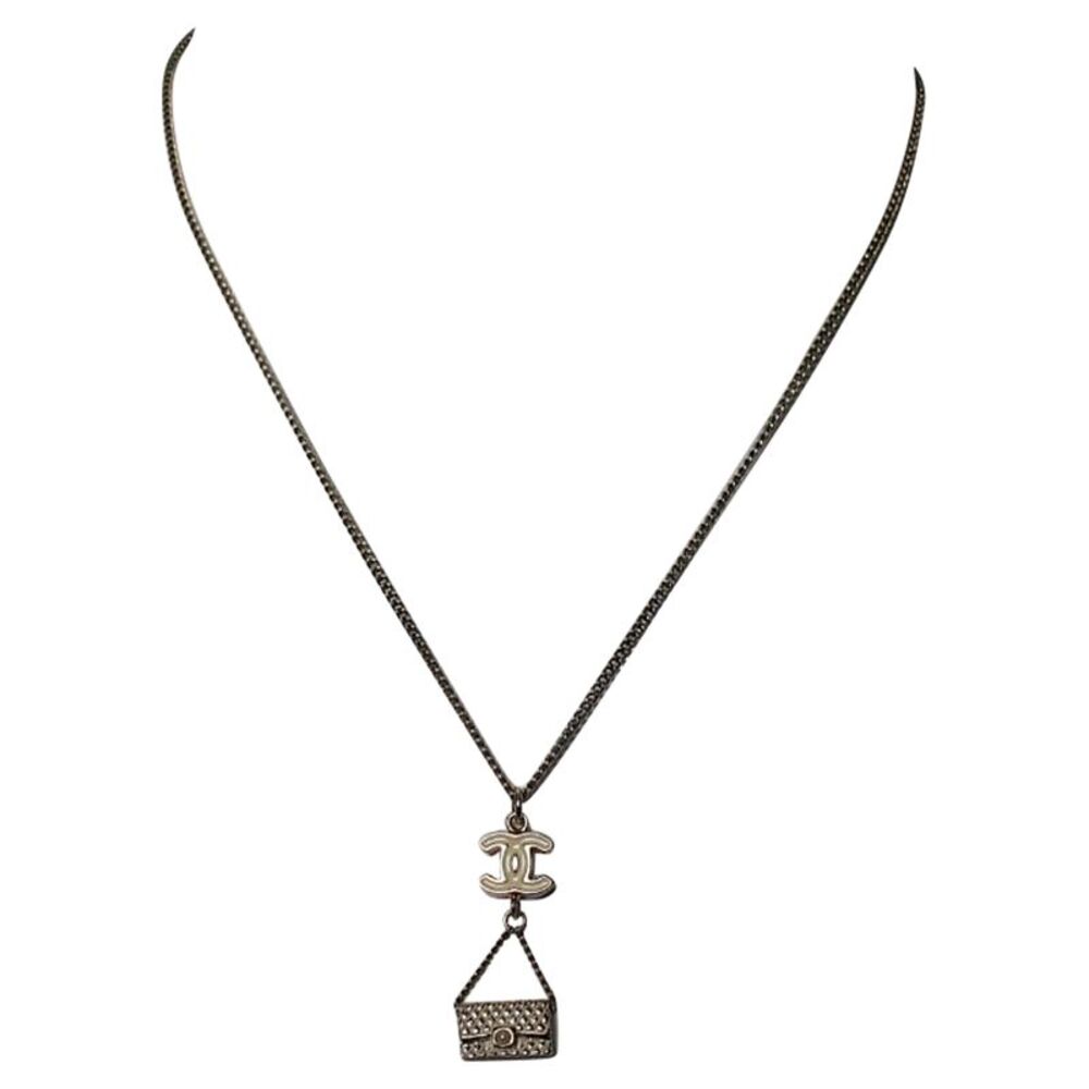Chanel 2003 CC Plated Enamel Flap Bag Pendant Necklace in Gold Metal